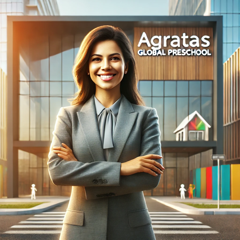 DALL·E 2025-03-25 13.13.59 - An HD image of a successful Indian woman standing confidently in front of a modern building with the correctly spelled name 'AGRATAS GLOBAL PRESCHOOL'